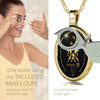 Girl looking thru magnifying glass 24k gold inscribed nanostyle necklace