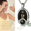 Girl looking thru magnifying glass 24k gold inscribed nanostyle necklace