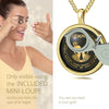 Woman Looking thru Magnifying glass Gemini Necklace Inscribed in 24k Gold Twin star sign and personality characteristics Nano Jewelry Gift Birthday Jewelry Gift