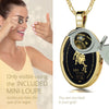 Girl looking thru magnifying glass 24k gold inscribed nanostyle necklace