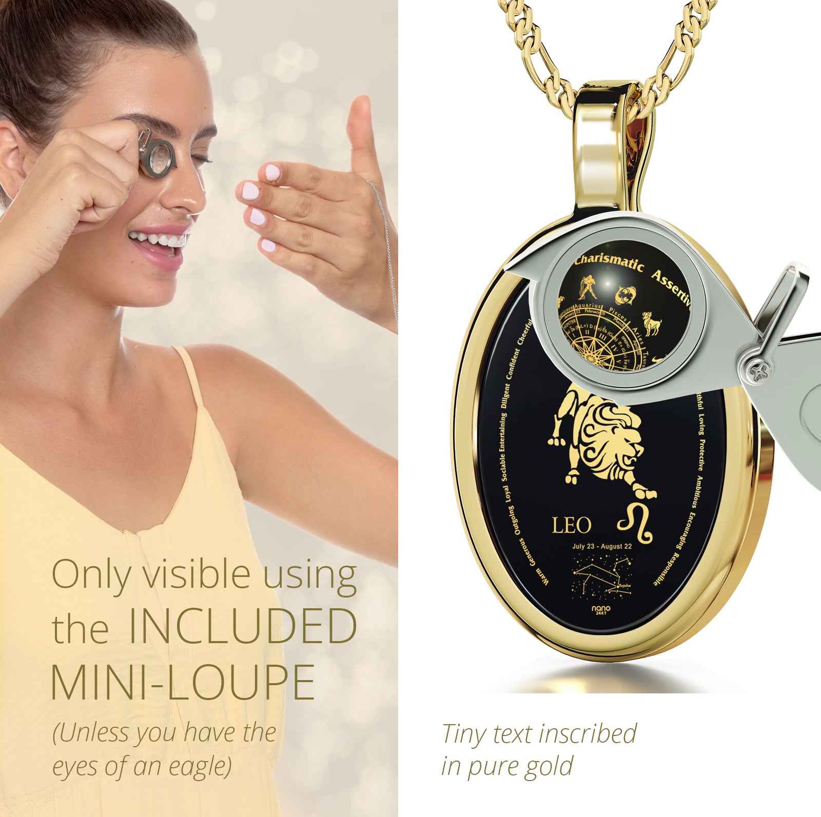 Girl looking thru magnifying glass 24k gold inscribed nanostyle necklace