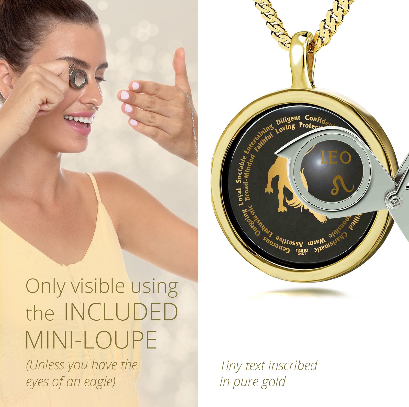 Girl Looking thru Magnifying glass Leo Necklace Inscribed in 24k Gold Lion sign and personality characteristics Nano Jewelry Gift Birthday Jewelry Gift