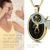 Girl looking thru magnifying glass 24k gold inscribed nanostyle necklace