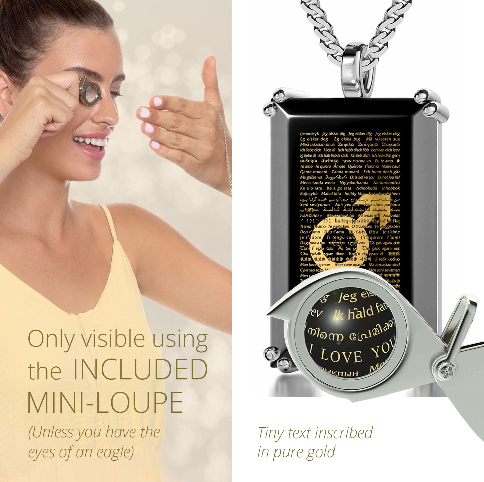 Girl looking thru magnifying glass 24k gold inscribed nanostyle necklace