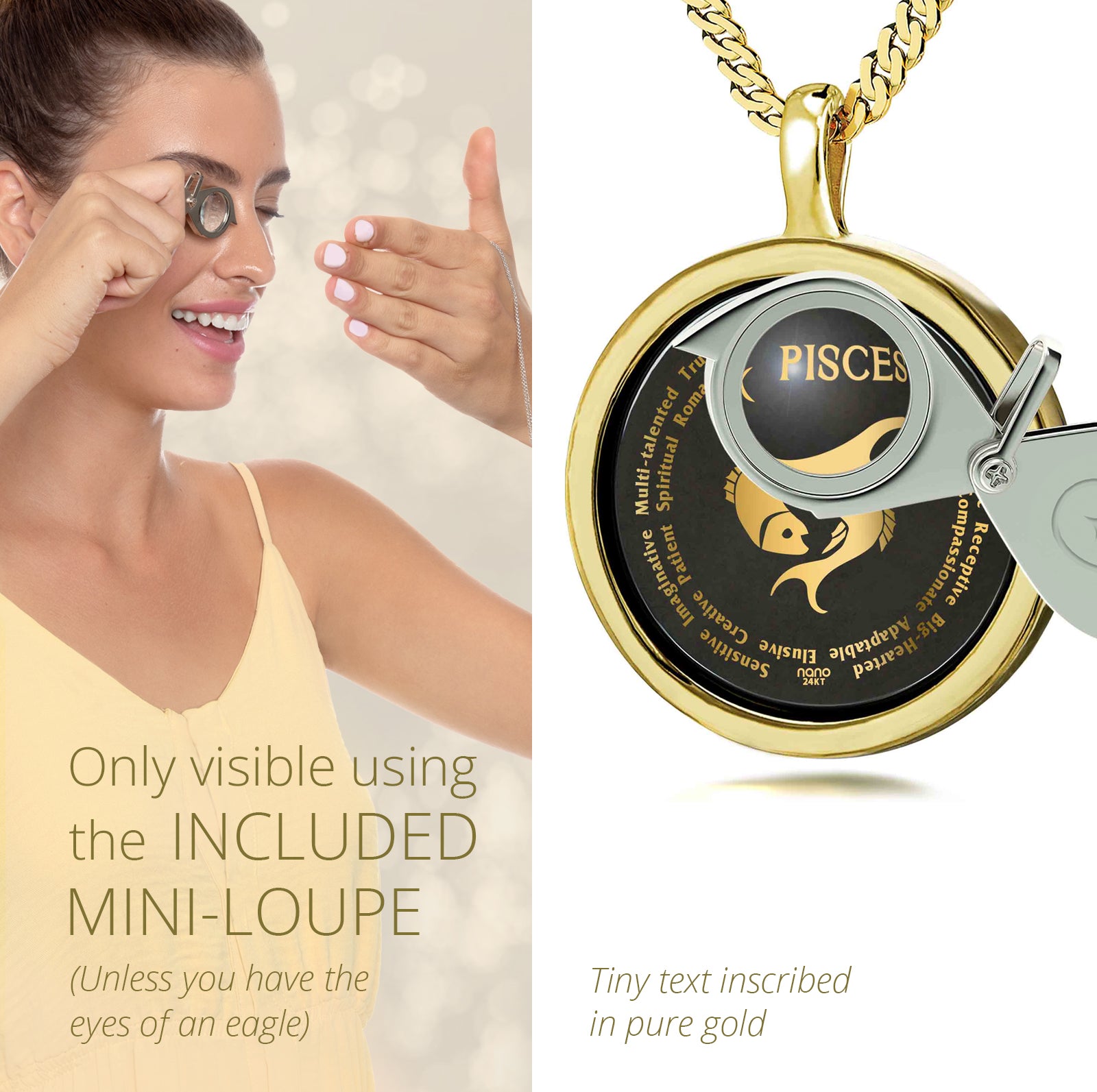 Girl Looking thru Magnifying glass Pisces Necklace Inscribed in 24k Gold Fish star sign and personality characteristics Nano Jewelry Gift Birthday Jewelry Gift