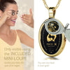 Girl looking thru magnifying glass 24k gold inscribed nanostyle necklace