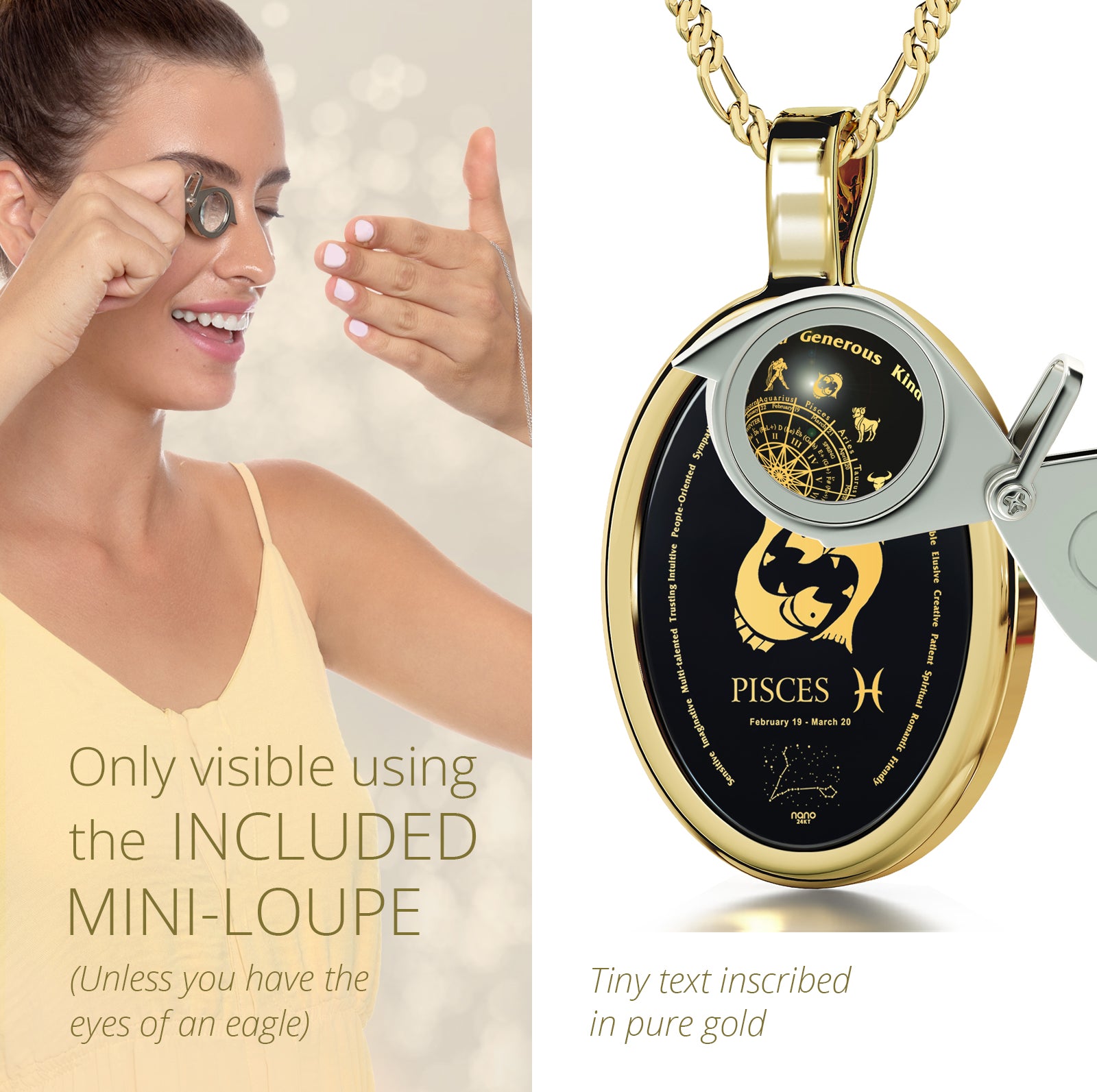Girl looking thru magnifying glass 24k gold inscribed nanostyle necklace