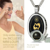 Girl looking thru magnifying glass 24k gold inscribed nanostyle necklace