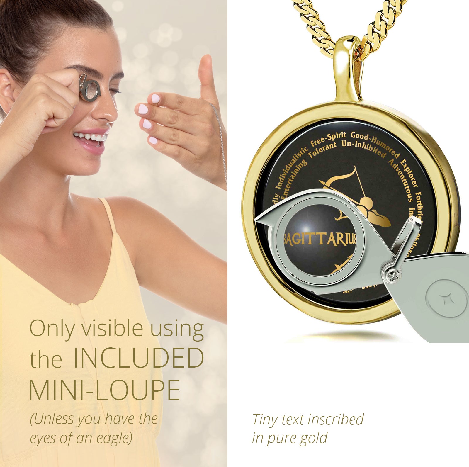 Girl Looking thru Magnifying glass Sagittarius Necklace Inscribed in 24k Gold Archer star sign and personality characteristics Nano Jewelry Gift Birthday Jewelry Gift