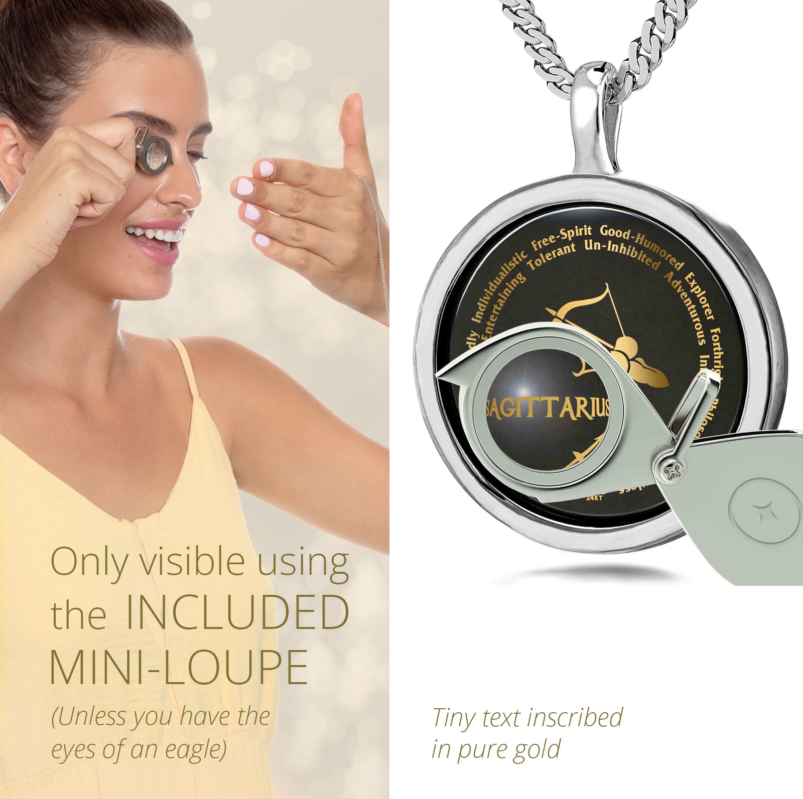 Girl Looking thru Magnifying glass Sagittarius Necklace Inscribed in 24k Gold Archer star sign and personality characteristics Nano Jewelry Gift Birthday Jewelry Gift