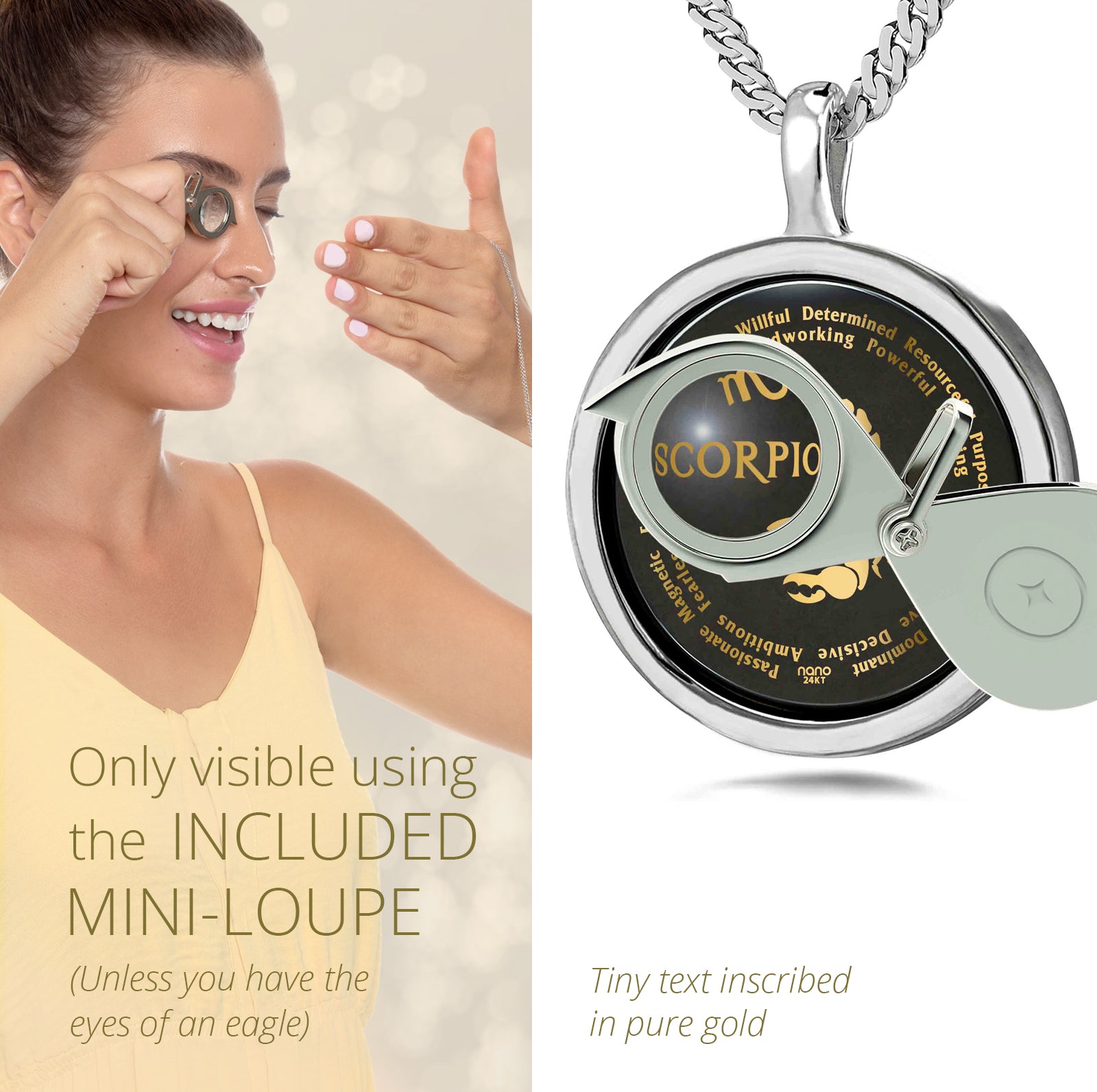 Girl Looking thru Magnifying glass Scorpion Necklace Inscribed in 24k Gold Scorpion star sign and personality characteristics Nano Jewelry Gift Birthday Jewelry Gift