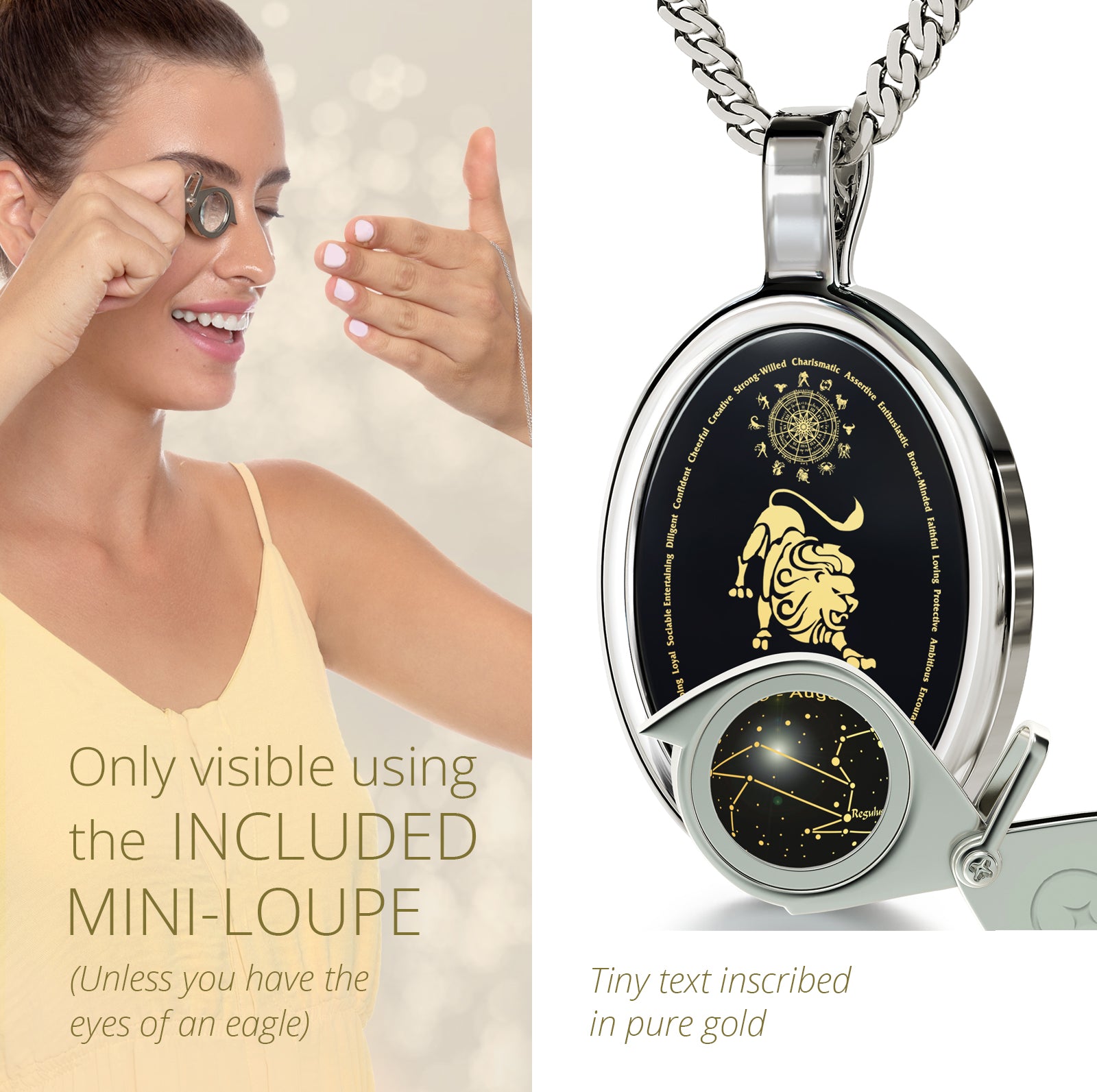 Girl looking thru magnifying glass 24k gold inscribed nanostyle necklace