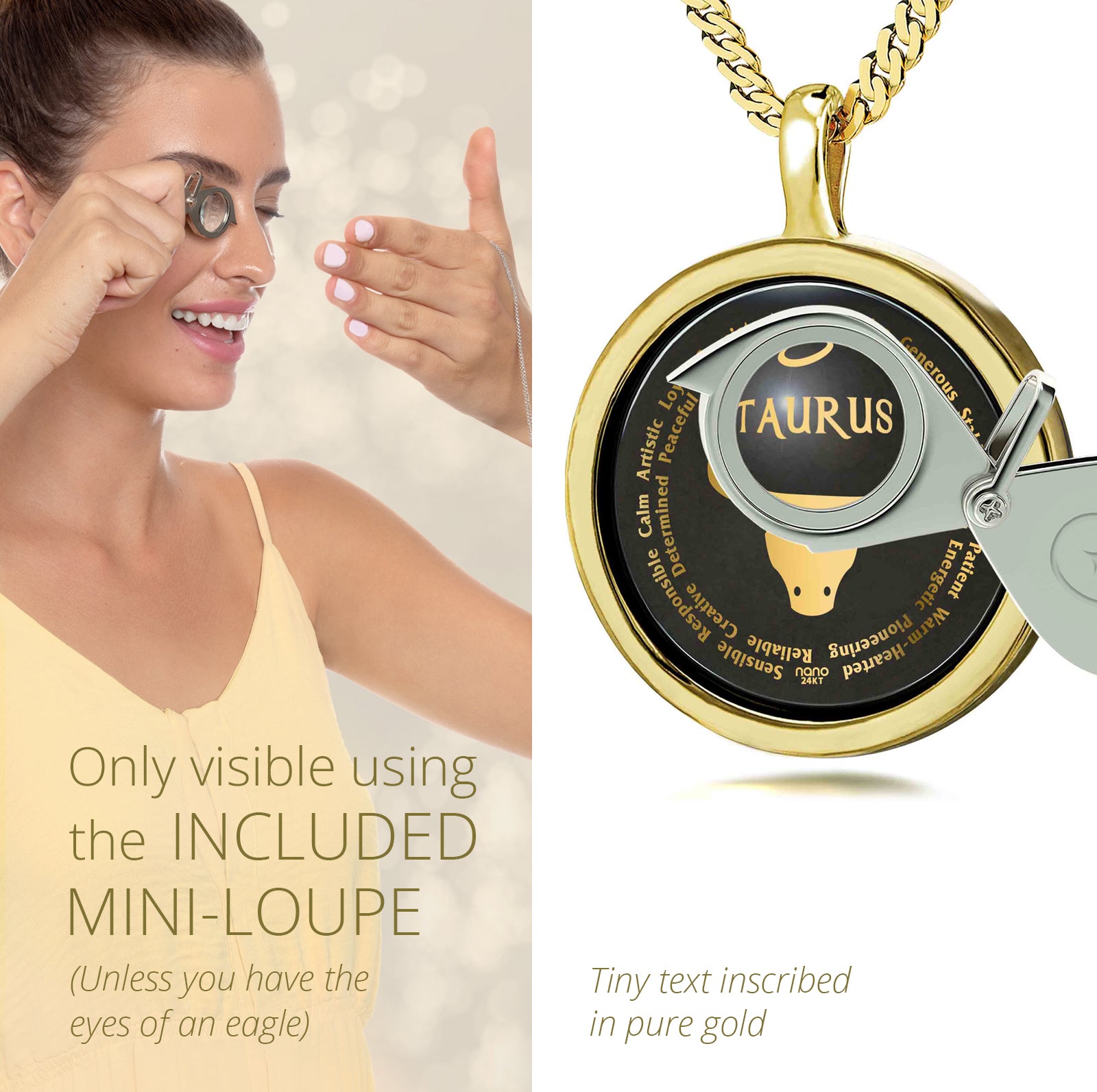 Girl Looking thru Magnifying glass Taurus Necklace Inscribed in 24k Gold Bull star sign and personality characteristics Nano Jewelry Gift Birthday Jewelry Gift
