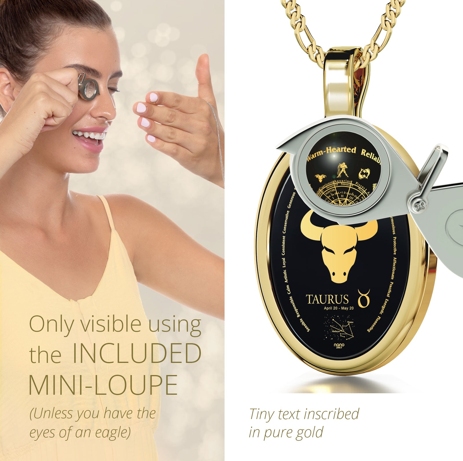Girl looking thru magnifying glass 24k gold inscribed nanostyle necklace