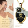 Girl looking thru magnifying glass 24k gold inscribed nanostyle necklace