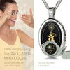 Girl looking thru magnifying glass 24k gold inscribed nanostyle necklace