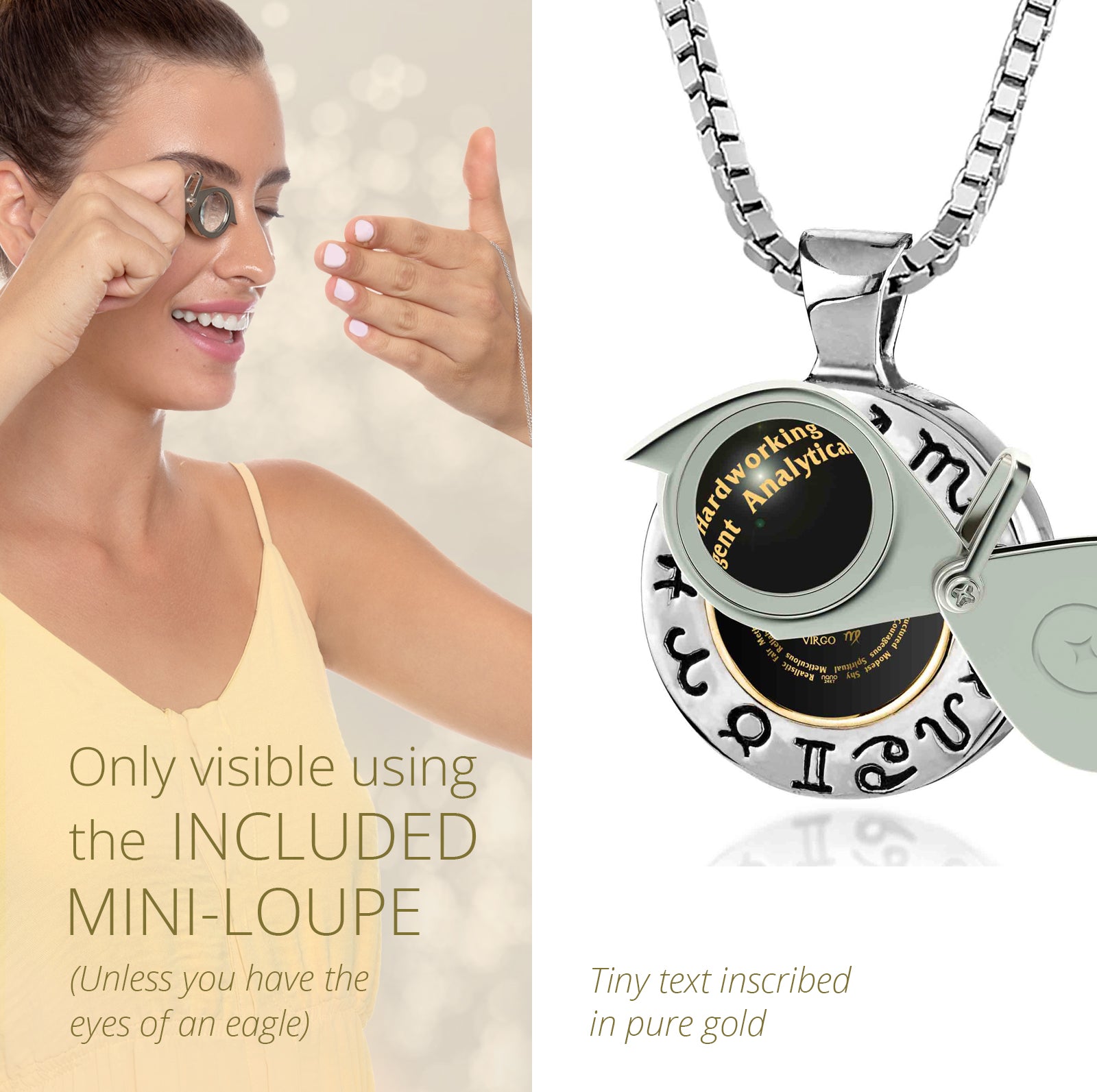 Girl Looking thru Magnifying glass Virgo Necklace Inscribed in 24k Gold Virgin star sign and personality characteristics Nano Jewelry Gift Birthday Jewelry Gift