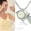 Girl looking thru magnifying glass 24k gold inscribed nanostyle necklace