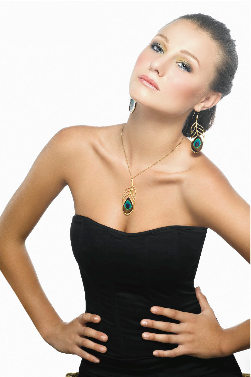 Gold Plated 925 Sterling Silver Peacock Feather Necklace Handcrafted Pendant - NanoStyle Jewelry