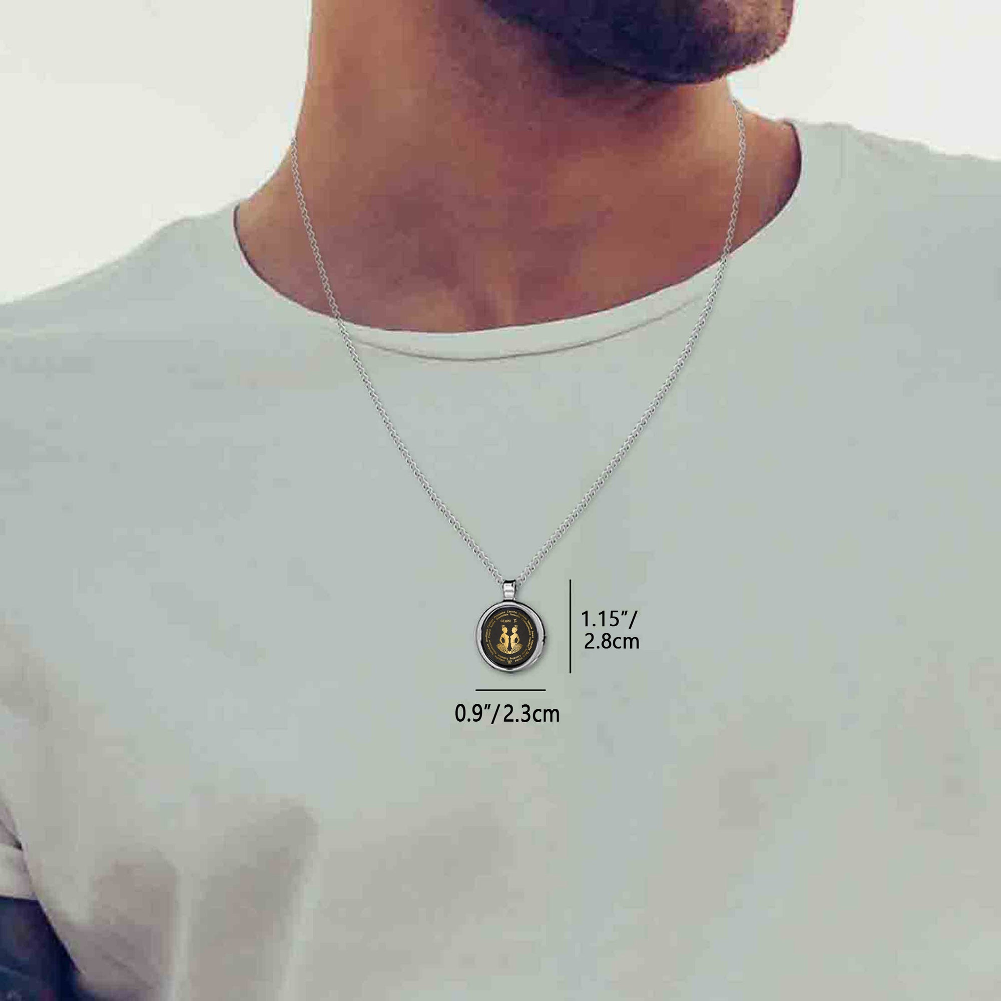 Male Model Wearing Gemini Necklaces for Lovers of the Zodiac | Inscribed in 24k Gold Zodiac Birthday Jewelry Gift