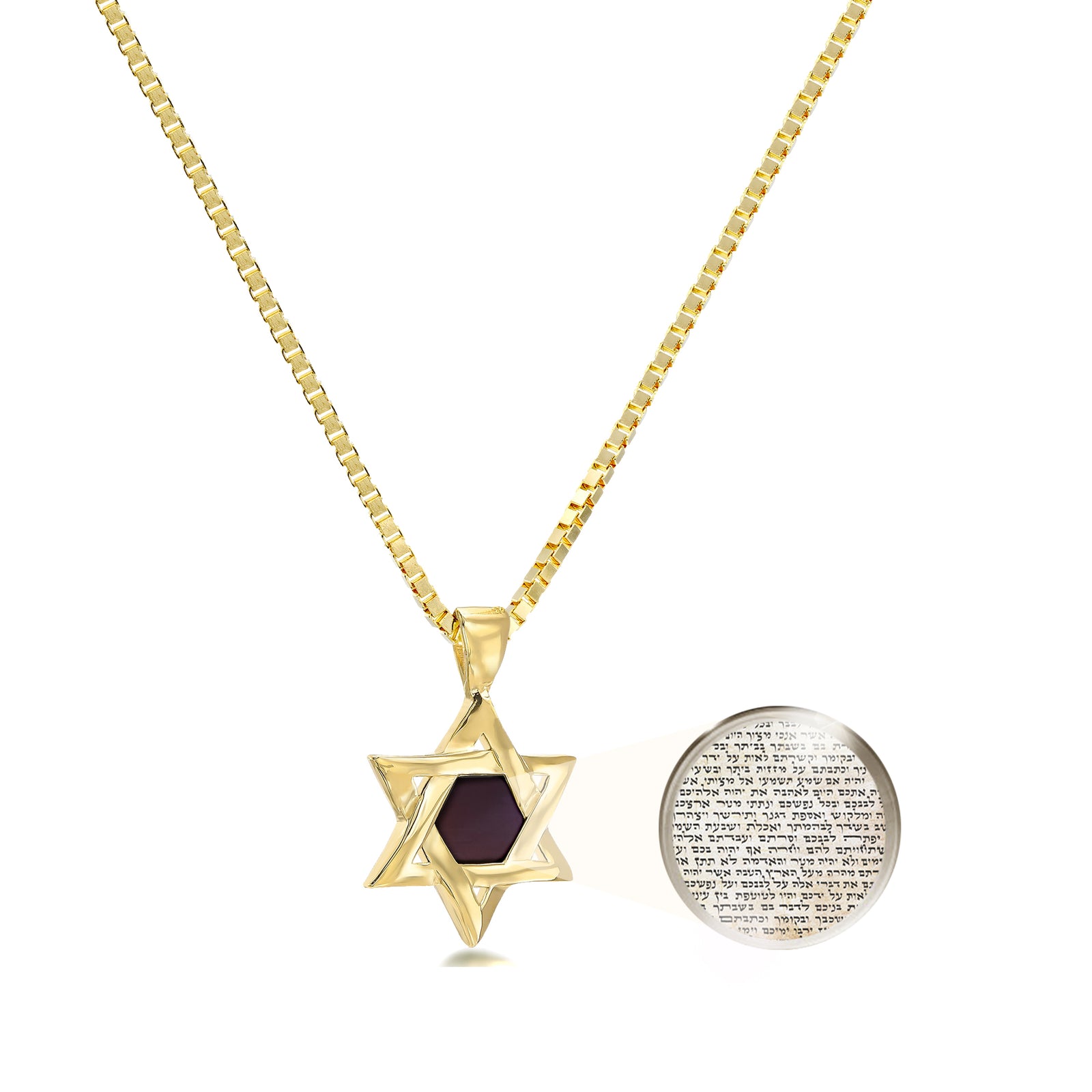 Gold Star of David necklace with nanochip embedded in center, illuminated to reveal micro-engraved Hebrew text from the complete Tanakh. Elegant box chain and radiant gold finish make it an ideal gift for Jewish celebrations like Bar/Bat Mitzvahs, Hanukkah, or Passover.