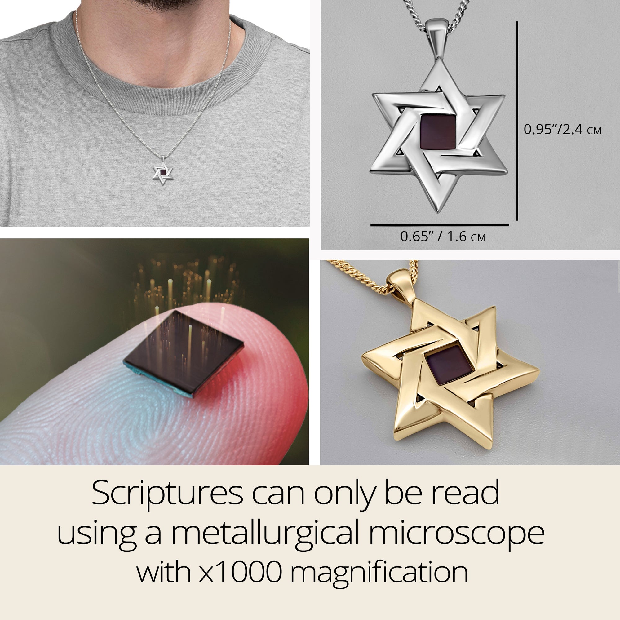 Infographic showing Star of David necklace on model, size dimensions (0.95" x 0.65"), and nano-inscribed scripture chip. The sacred text can only be seen using a professional microscope at x1000 magnification. Perfect for faith-based gifting occasions.