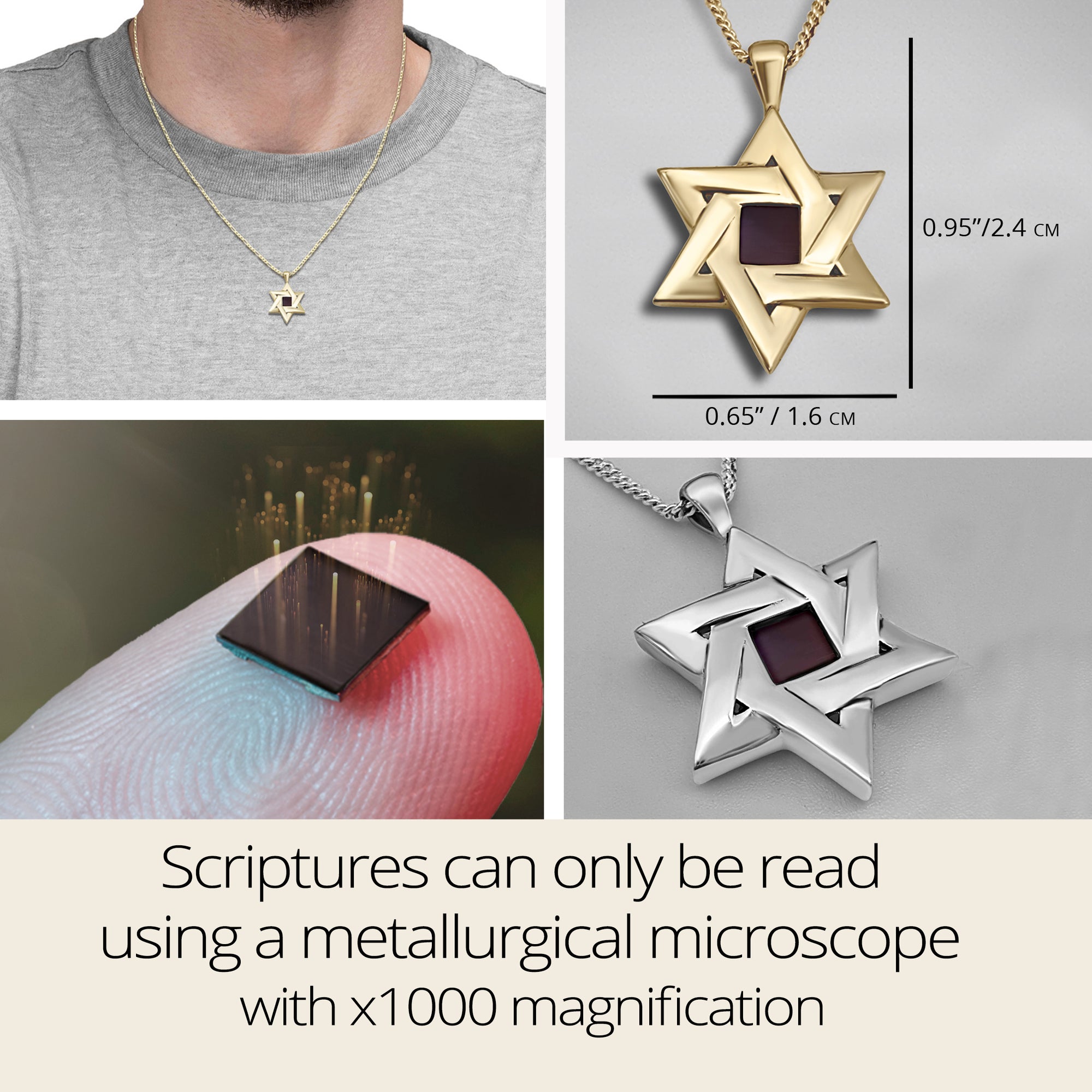Infographic showing Star of David necklace on model, size dimensions (0.95" x 0.65"), and nano-inscribed scripture chip. The sacred text can only be seen using a professional microscope at x1000 magnification. Perfect for faith-based gifting occasions.