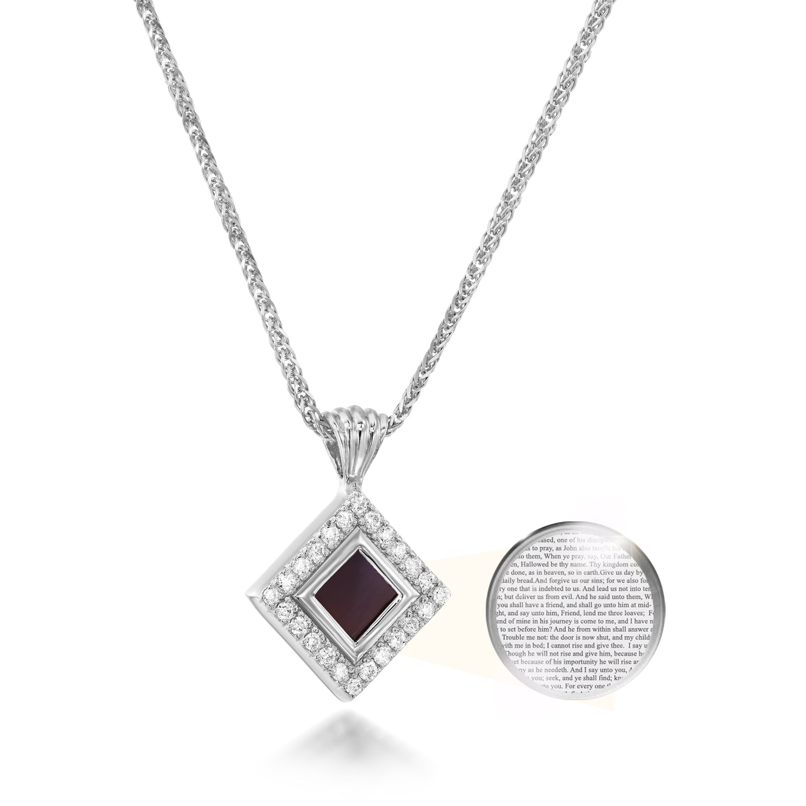 Sterling silver square Nano Bible necklace with microchip containing the entire KJV New Testament, framed by brilliant cubic zirconia stones. The pendant offers a sophisticated way to keep Scripture close to heart. A perfect Christian gift for her—wife, mother, or daughter—on a meaningful faith journey.