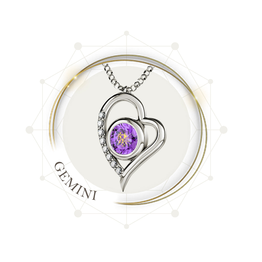 Silver Zodiac Gemini Inscribed in  24K Gold Heart Necklace