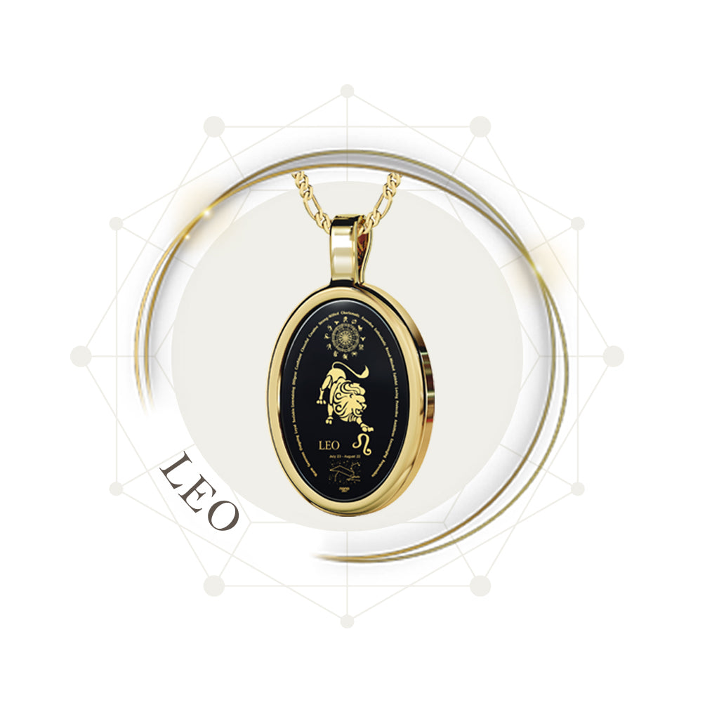Leo Necklace Zodiac Pendant 24k Gold Inscribed on Onyx Stone