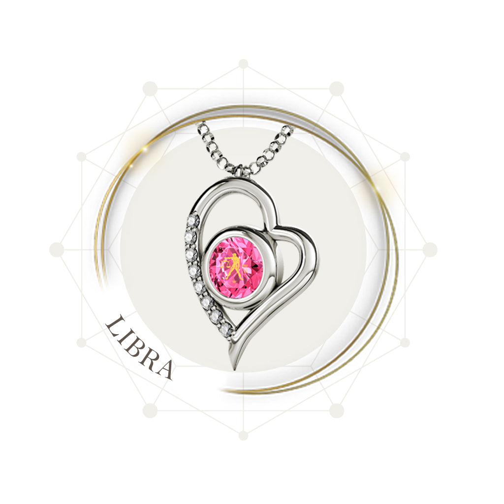 Silver Heart Necklace inscribed with 24k Gold Zodiac Libra Necklace