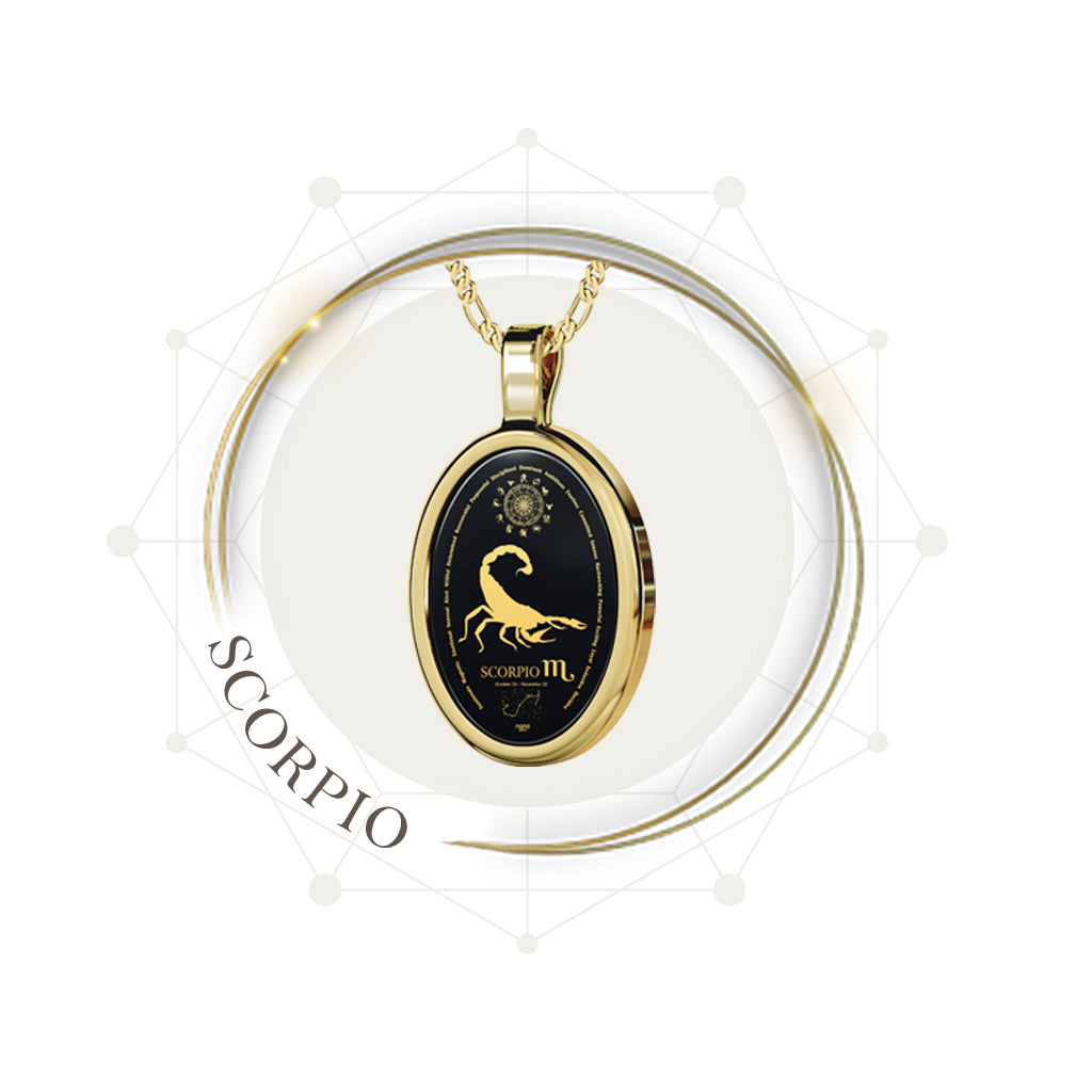 Oval Onyx Necklace inscribed with 24k Gold Zodiac Scorpio Necklace