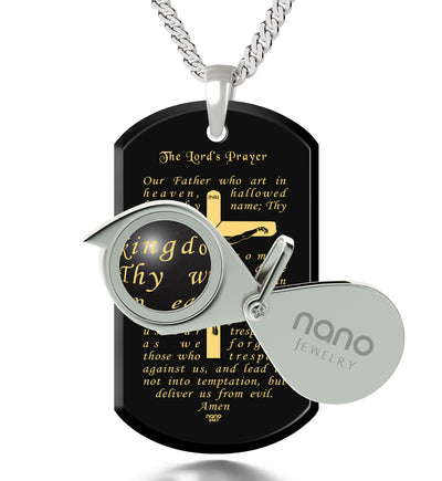 Men’s Crucifix Necklace Lord’s Prayer Dog Tag Pendant Gold Inscribed