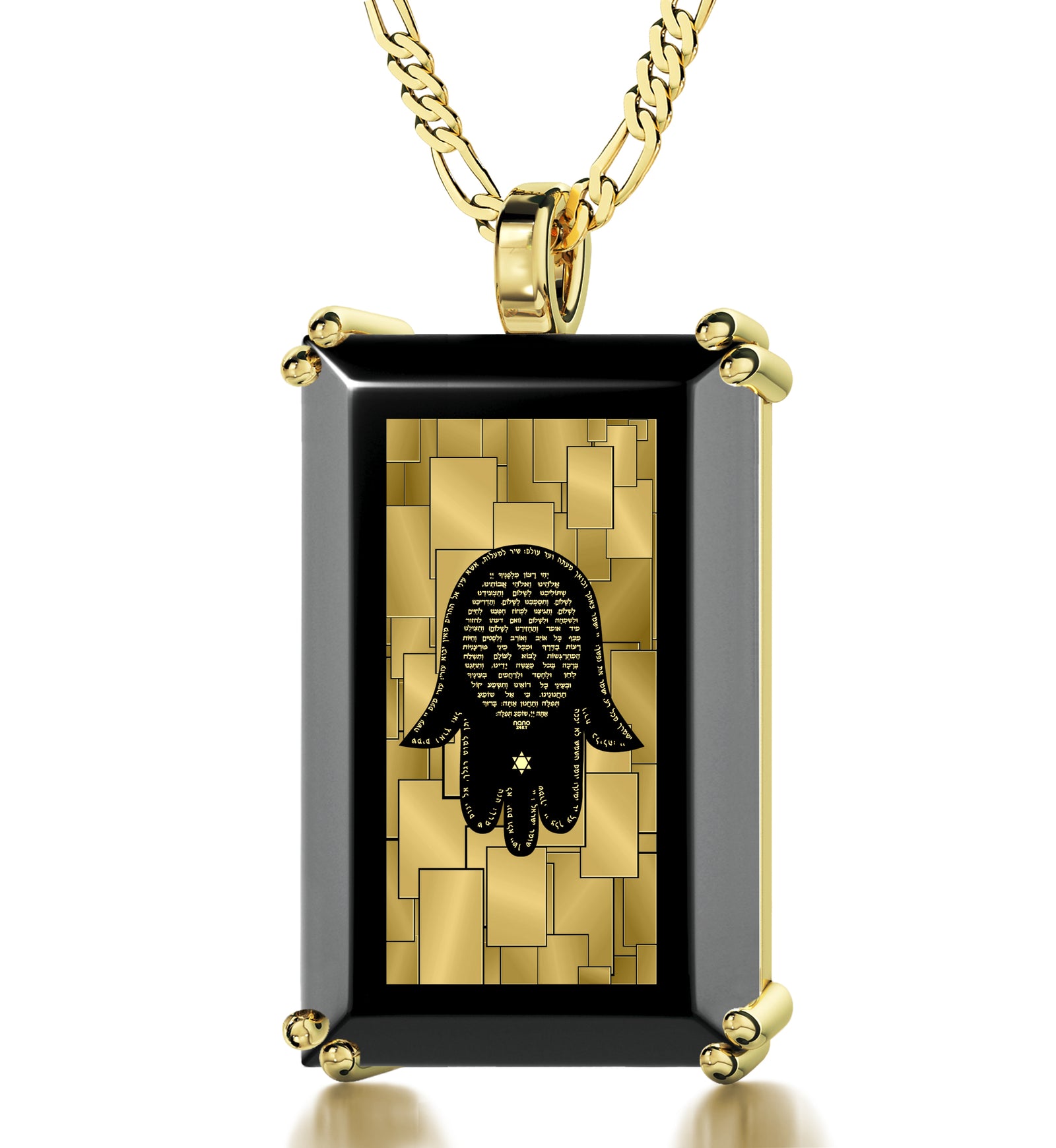 Men's Hamsa Necklace Pendant with Travelers Prayer 24k Gold Inscribed on Onyx - NanoStyle Jewelry