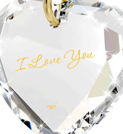Tiny Crystal Heart Pendant I Love You Necklace 24k Gold Inscribed - NanoStyle Jewelry