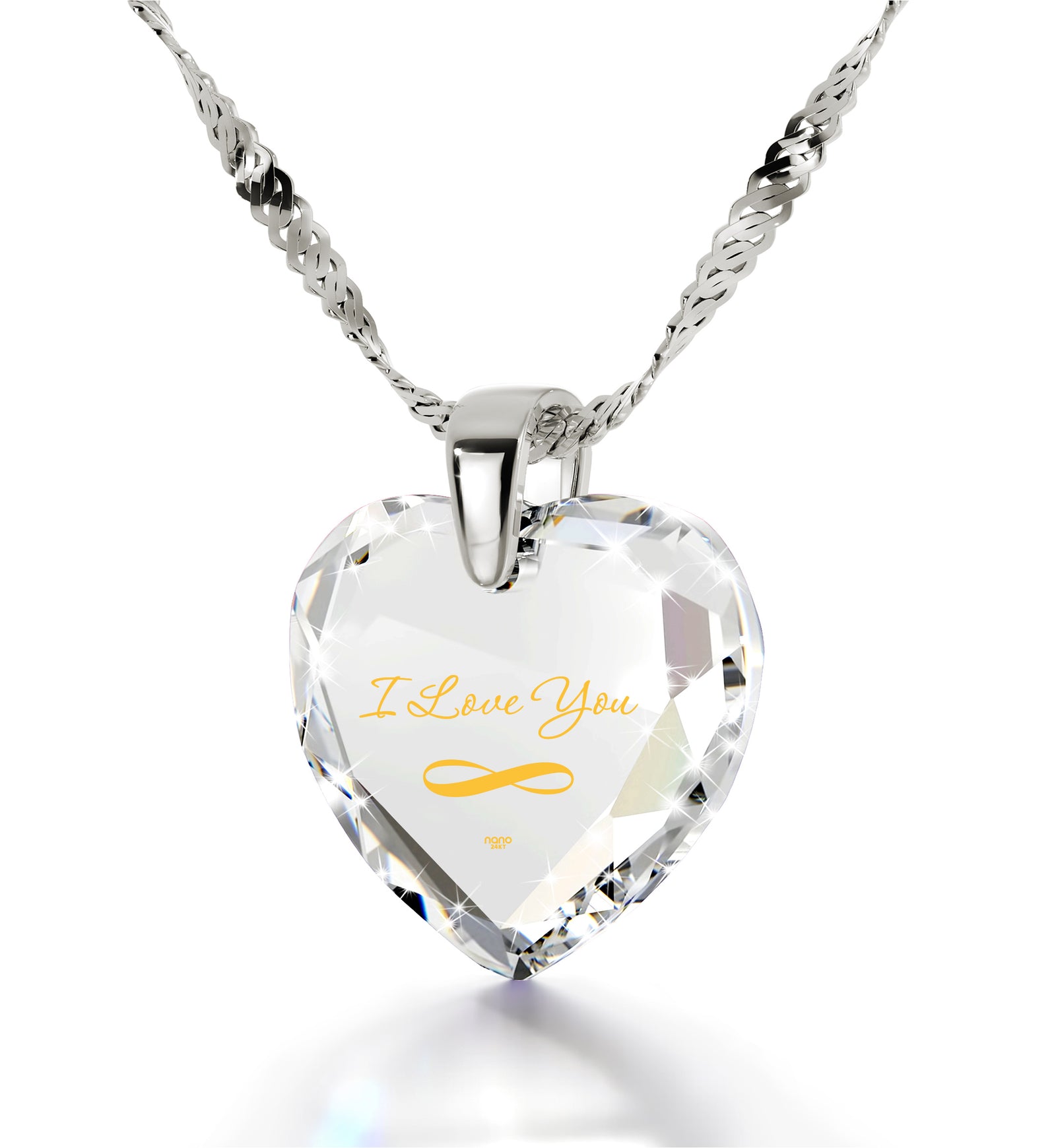 Silver Infinity I Love You Necklace Heart Pendant 24k Gold Inscribed Cubic Zirconia - NanoStyle Jewelry