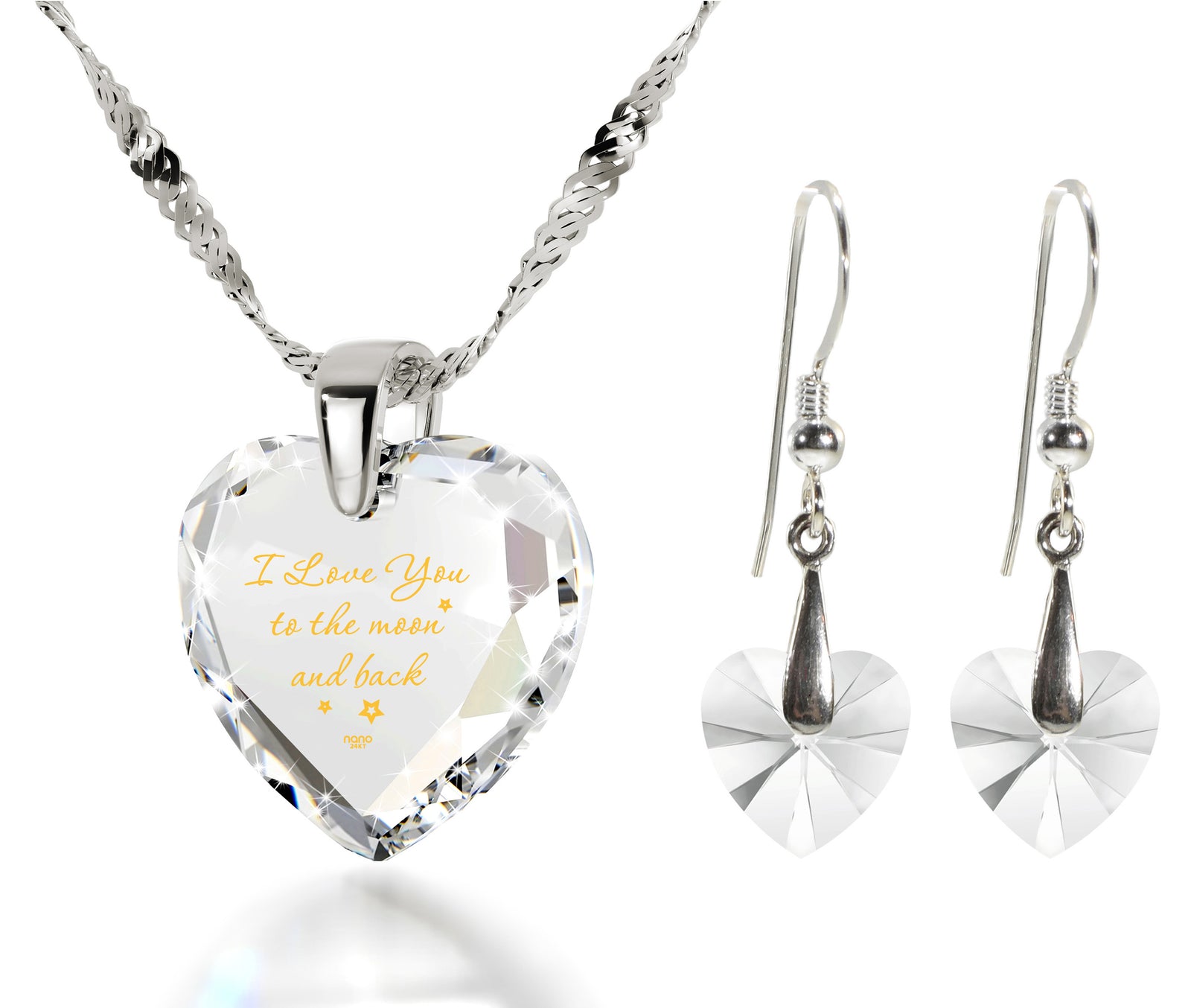 I Love You to the Moon and Back Necklace 24k Gold Inscribed and Crystal Heart Earrings - NanoStyle Jewelry