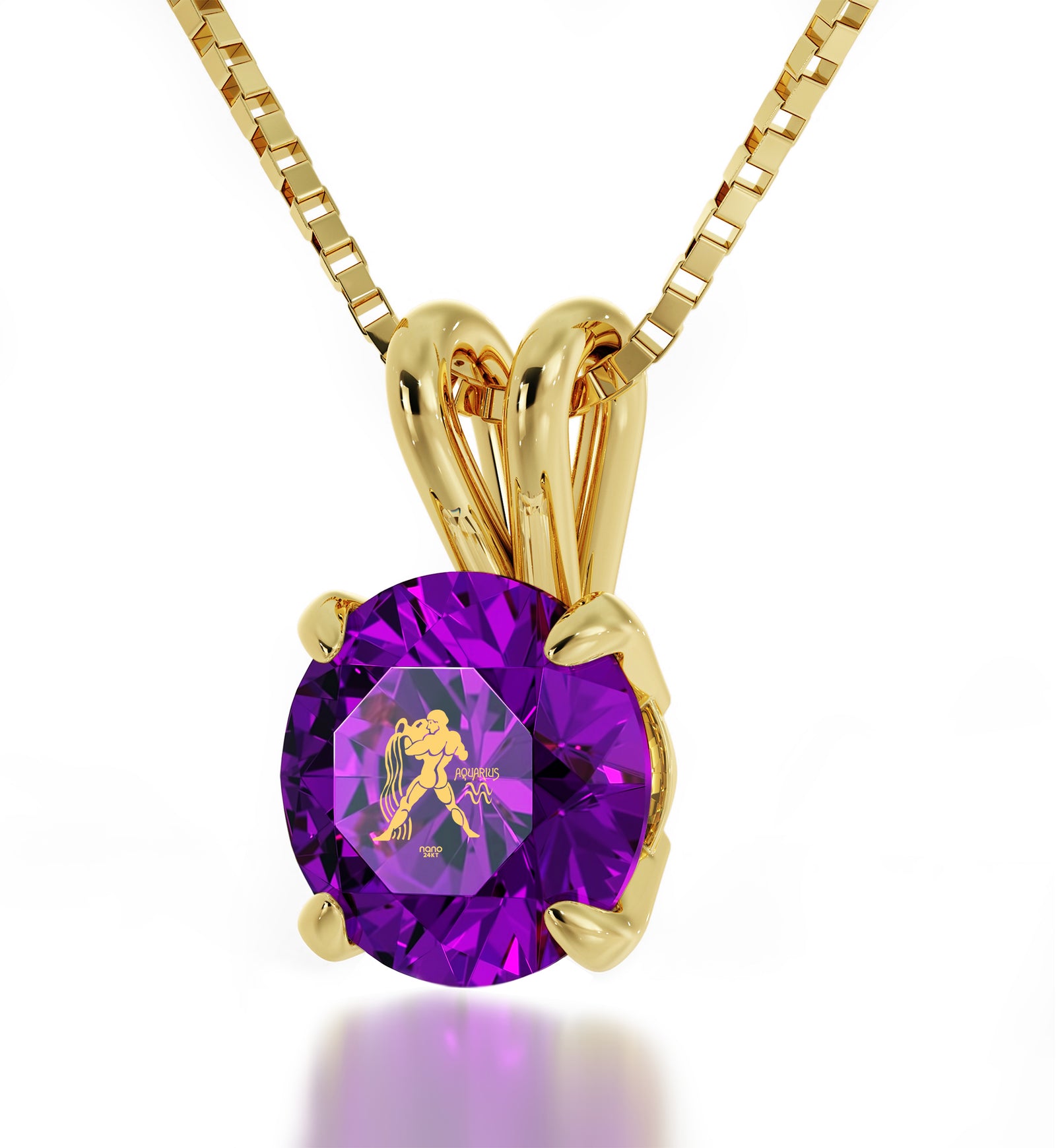 Gold Plated Aquarius Necklace Zodiac Pendant 24k Gold inscribed on Crystal - NanoStyle Jewelry