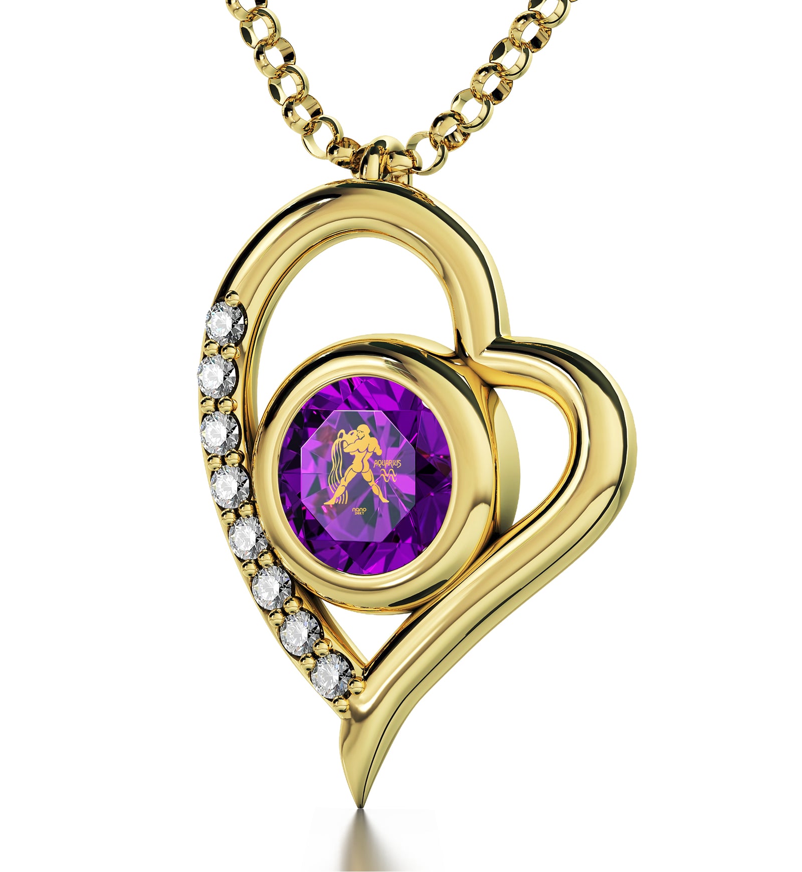 Gold Plated Zodiac Heart Pendant Aquarius Necklace 24k Gold inscribed on Crystal - NanoStyle Jewelry
