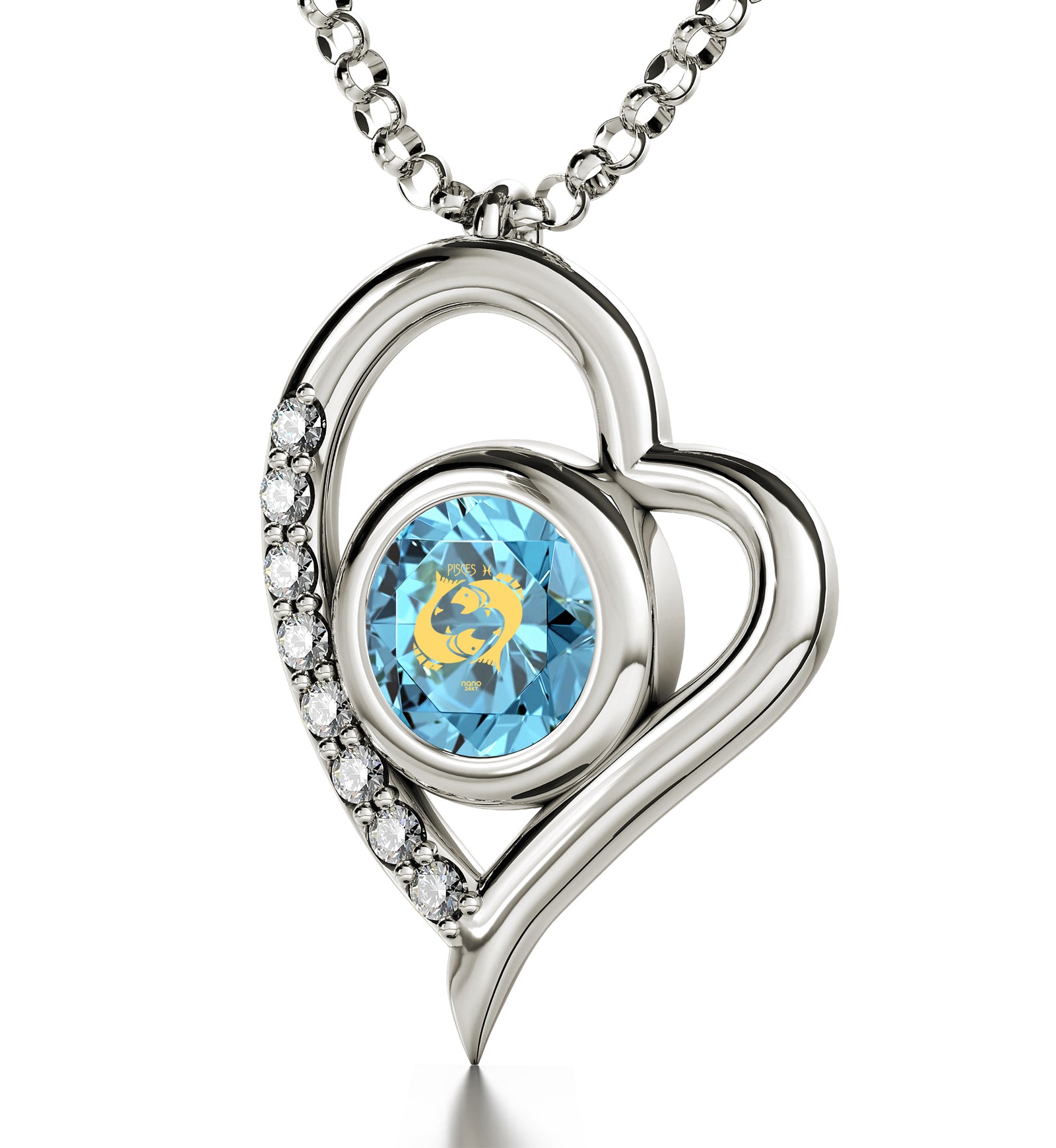 925 Sterling Silver Zodiac Heart Pendant Pisces Necklace 24k Gold Inscribed on Crystal - NanoStyle Jewelry