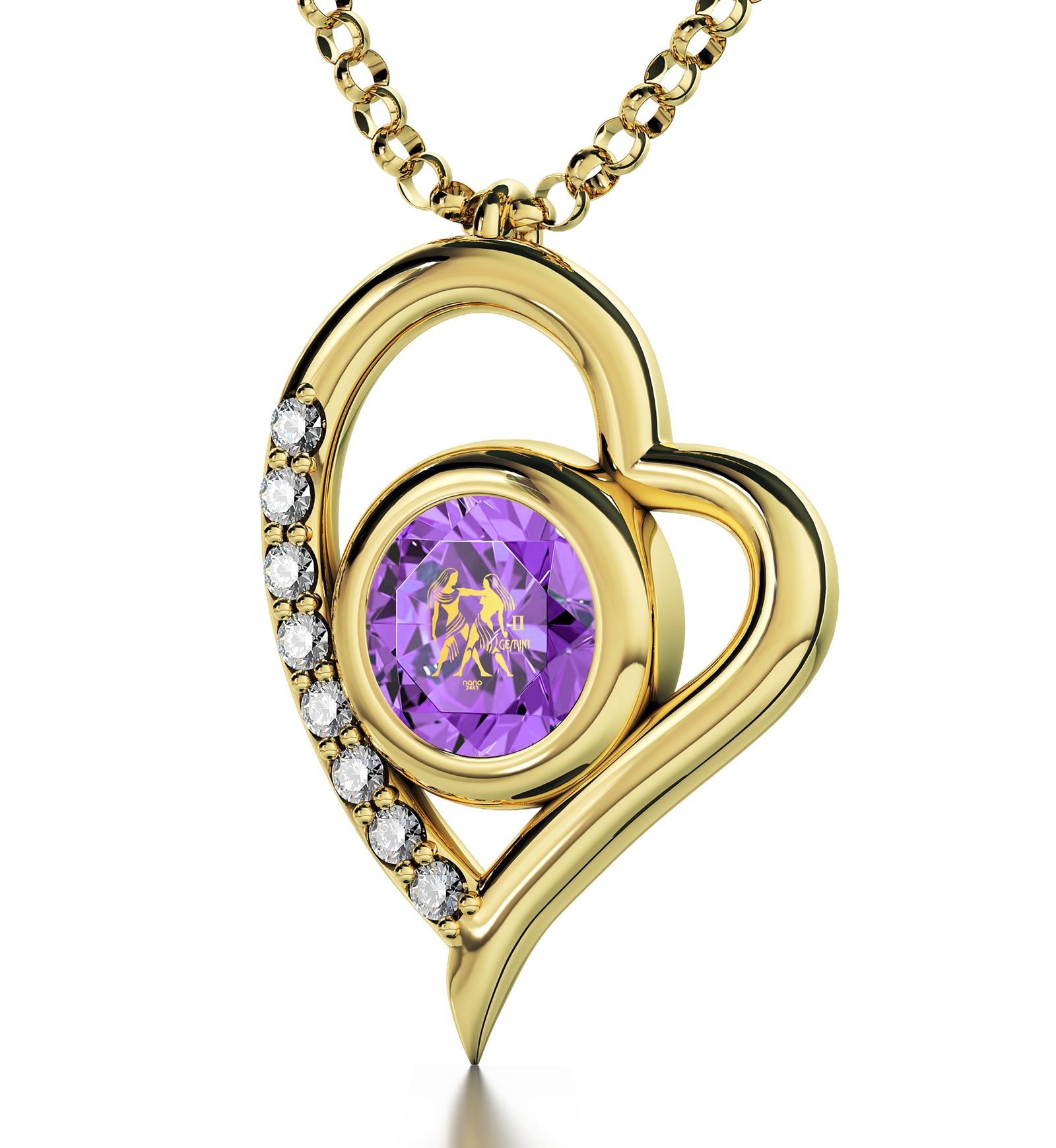 Gold Plated Gemini Necklace Zodiac Heart Pendant 24k Gold Inscribed on Crystal - NanoStyle Jewelry