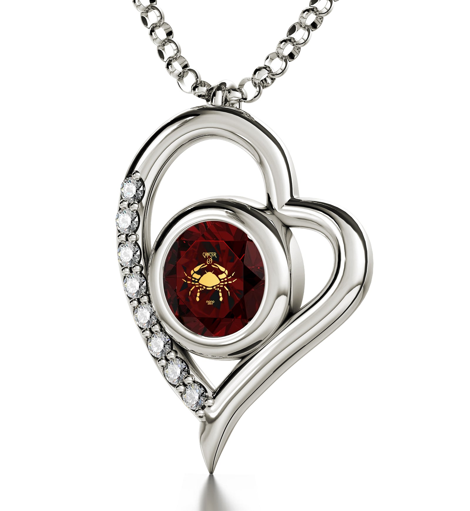 925 Sterling Silver Cancer Necklace Zodiac Heart Pendant 24k Gold inscribed on Crystal - NanoStyle Jewelry