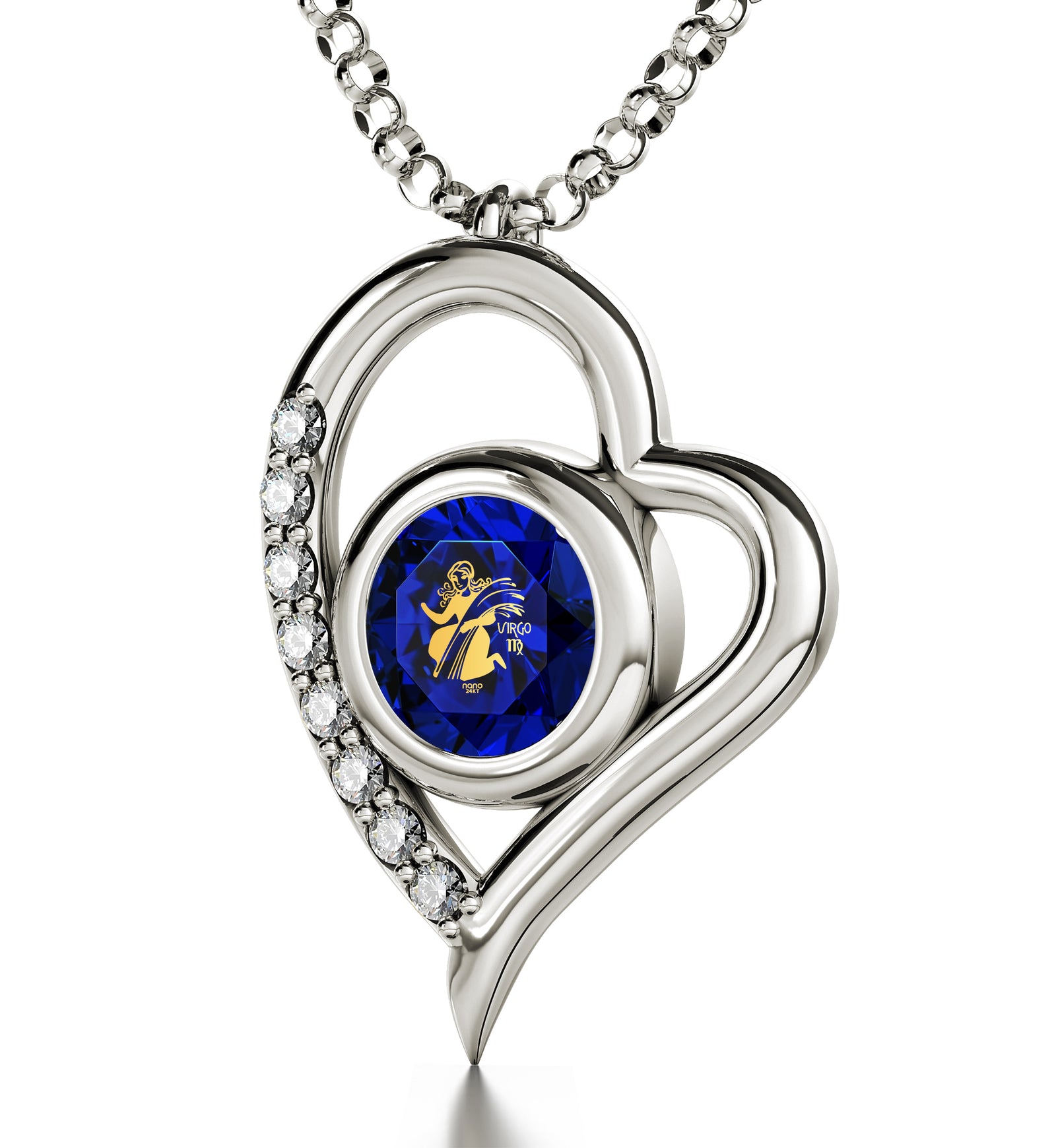 925 Sterling Silver Virgo Necklace Zodiac Heart Pendant 24k Gold inscribed on Crystal - NanoStyle Jewelry