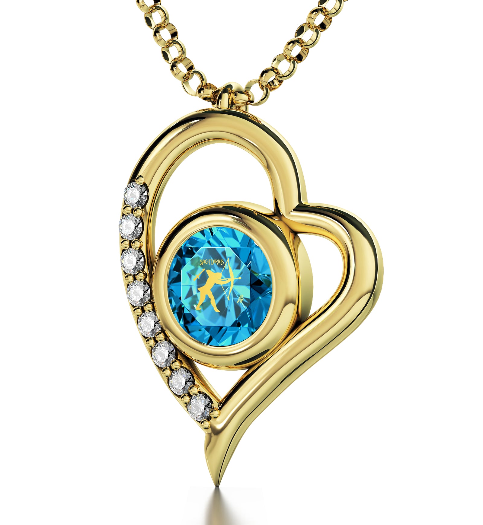Gold Plated Sagittarius Necklace Zodiac Heart Pendant 24k Gold Inscribed on Crystal - NanoStyle Jewelry