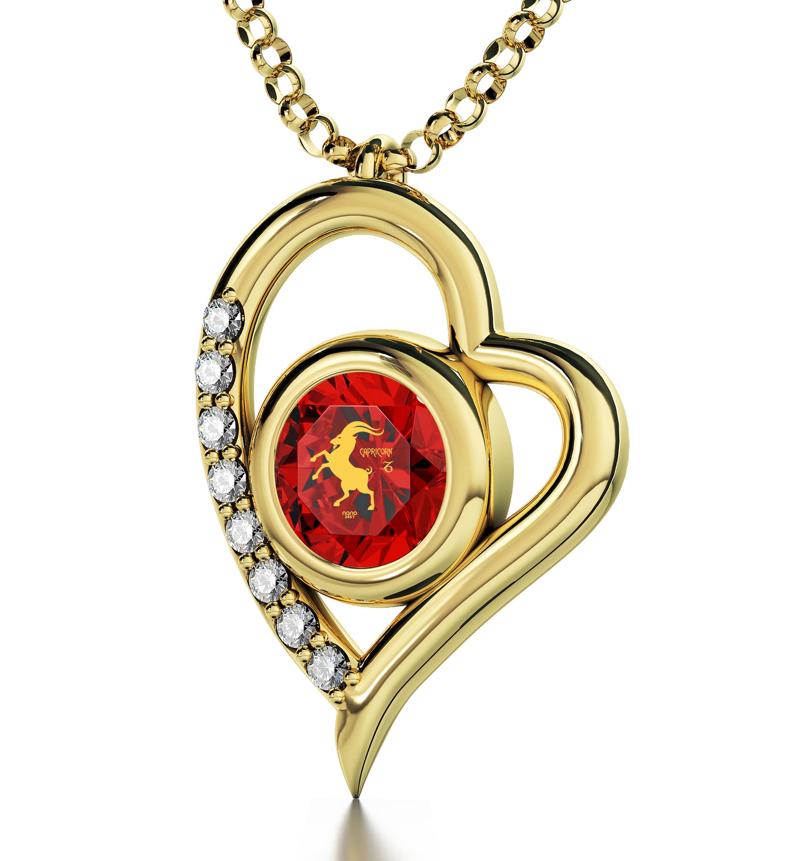 Gold Plated Capricorn Necklace Zodiac Heart Pendant 24k Gold inscribed on Crystal - NanoStyle Jewelry