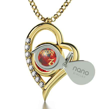 Gold Plated Capricorn Necklace Zodiac Heart Pendant 24k Gold inscribed on Crystal - NanoStyle Jewelry