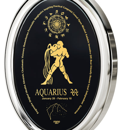 Aquarius Necklace Zodiac Pendant 24k Gold Inscribed on Onyx Stone - NanoStyle Jewelry