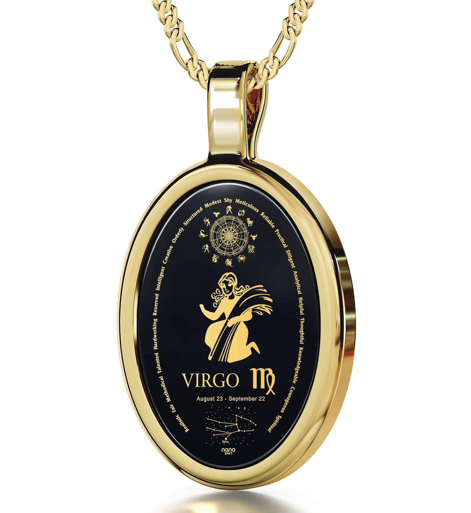 Virgo Necklace Zodiac Pendant 24k Gold Inscribed on Onyx Stone - NanoStyle Jewelry