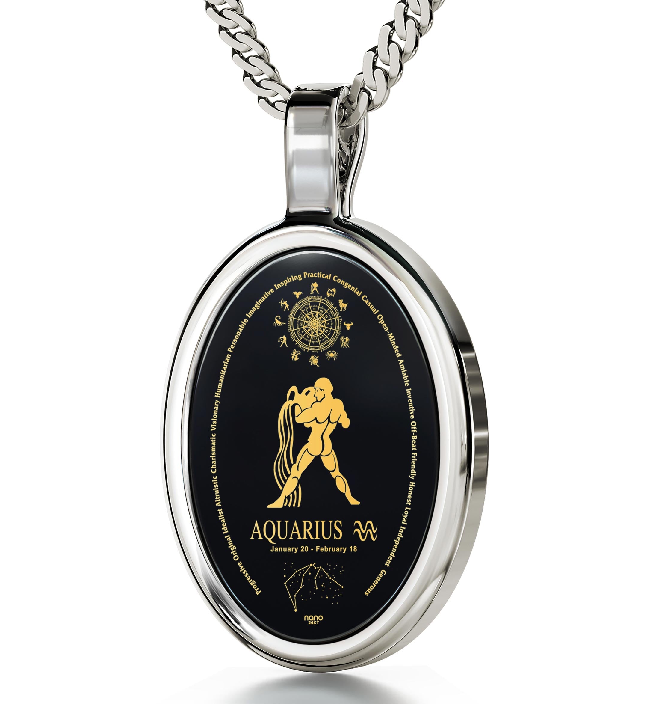 World\'s Only 24k Gold Zodiac | Gift NanoStyle Necklace Inscribed Aquarius Jewelry Unique 