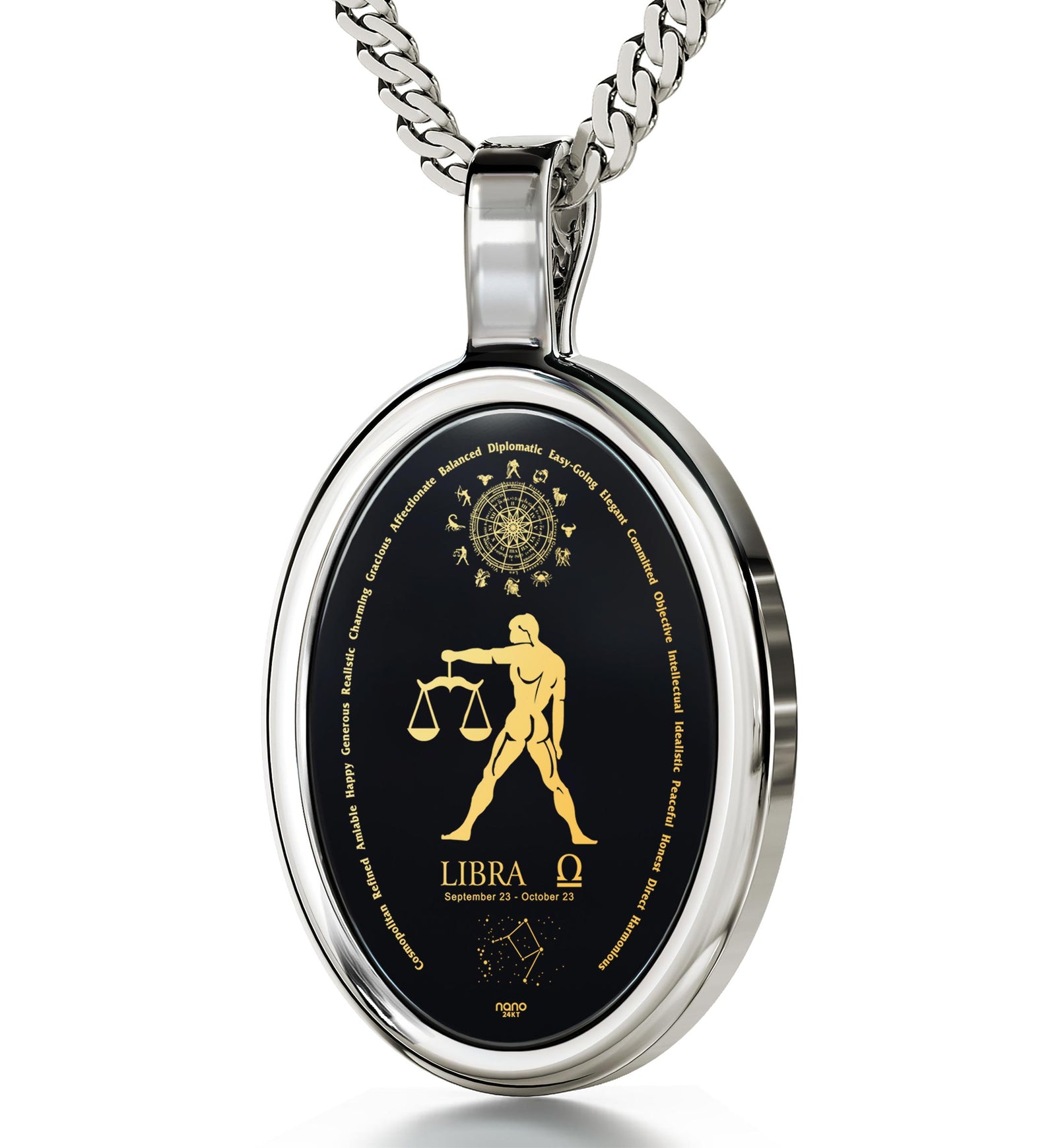 Libra Necklace Zodiac Pendant 24k Gold Inscribed on Onyx Stone - NanoStyle Jewelry